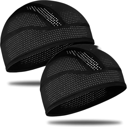 aiyraa 2 Pack Cooling Skull Cap, Cycling Mesh Caps Under Helmet Liner for Men & Women, Quick Dry, Breathable Cooling Running & Riding Hat, Black Half Cycling Head Gear