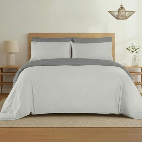 H HANSEL HOME Funda Nórdica Bicolor Cama 180 – 4 Piezas – 100% Microfibra Suave y Transpirable – Funda Edredón 260x240 cm, Bajera 180x200+30 cm, 2 Fundas de Almohada 50x80 cm - Gris Claro - Gris