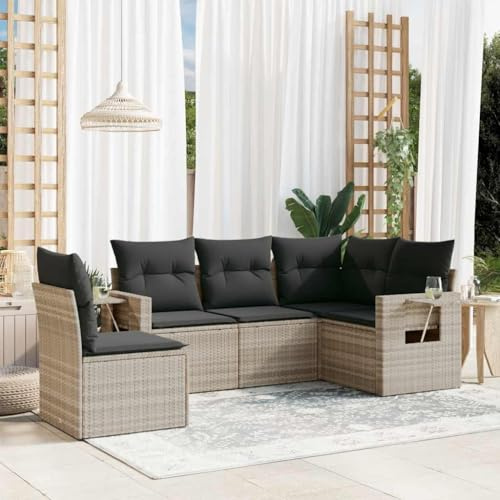 Owoxanthellate Ensemble de 5 meubles de jardin en polyrotin résistant aux intempéries, gris clair, 62 x 62 x 69 cm, banc d'angle modulaire avec coussins, pour balcon, terrasse et petits groupes de