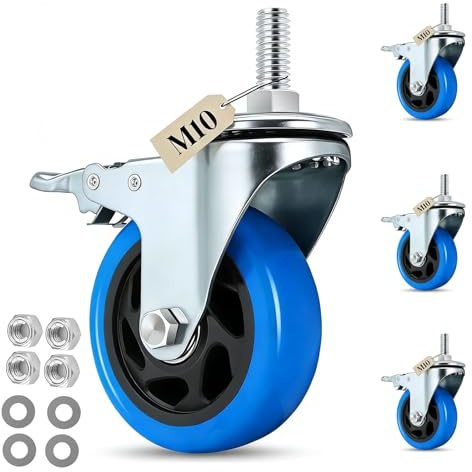 IQWTU 100MM Roulettes pour Meubles Tige Fileté M10 x 1,5 x 30 mm, Lot de 4 Roulettes Pivotantes avec Frein, Double Roulement à Bille Roulette Charge Lourde Rotation à 360°, Jusqu'à 500KG