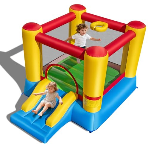 GYMAX Kids Bouncy Castle with Slide and Basketball Hoop, Inflatable Jumping House for Outdoor Indoor (Big Head Column without Blower)