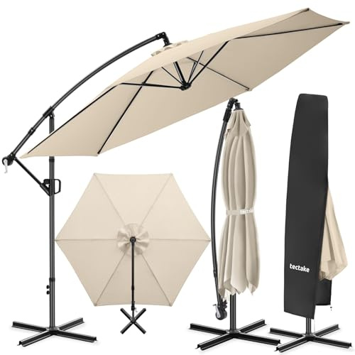 tectake® Ombrellone da Giardino 3,5x3,5 m, Ombrellone a Braccio Girevole 360°, Protezione UV 50+, Idrorepellente, Inclinabile, Base in Acciaio a Croce, Manovella, Arredamento Giardino - Beige