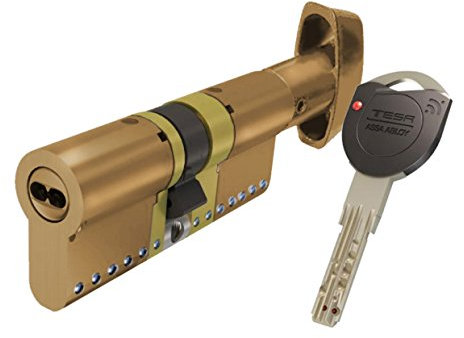 Tesa Assa Abloy, TK1B3030L, Cilindro de Alta Seguridad, TK100, Doble Embrague, Leva Larga, Llave - Botón, Latonado, 30 x 30 mm