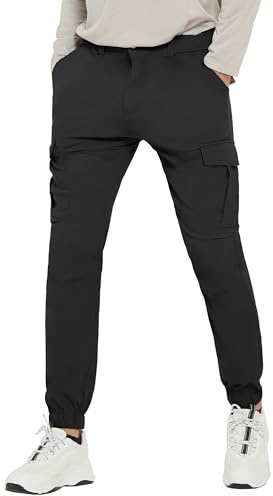 PULI Men's Waterproof Hiking Pants, Slim Fit Cargo Joggers, Stretch Quick Dry Outdoor Pants with Pockets Black 30