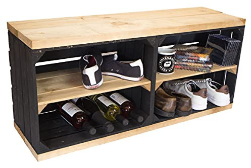 Kistenkolli Altes Land Schuhregal mit Sitzbank aus Obstkisten und massiven Holzplanken Schuhablage Schuhkommode Schuhbank aus Holz Maße 100 x 29 x 45cm L x T x H (SB schwarz Planke und Brett Natur)