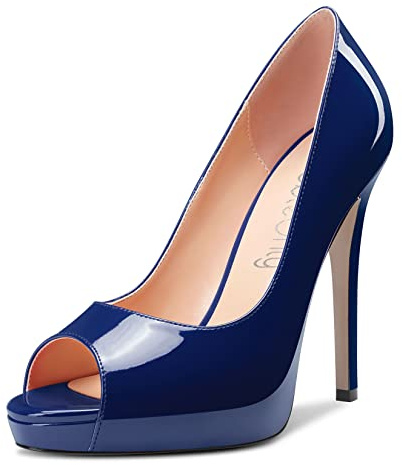NobleOnly Femmes Haut High Talon Heel Plate-Forme Ouvert Bout Escarpins Slip-on Clear Cute Party Sandales 12 CM Heels Bleu Marin 41 EU
