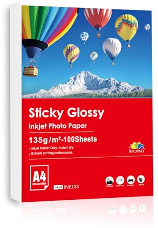 INKUWAY A4 självhäftande fotopapper glansig yta bläckstråleskrivare 100 ark klibbig för bläckstråleskrivare livliga färger självhäftande klistermärke
