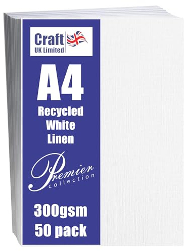 Craft UK, 50 A4-kort, återvunnet linne kartongpapper för inbjudningar och mer, 300 gsm, tillverkat i Storbritannien, hållbar kvalitet, vit