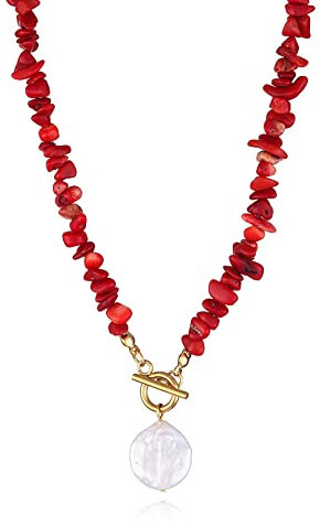 OLGER Kette Stein, Boho Perle Anhänger Stabverschluss Halskette Unregelmäßiger Kies Rote Koralle Reiki Balance Kristall Halskette Edelstein Sommer Halskette Schmuck Für Frauen Mädchen Geschenk