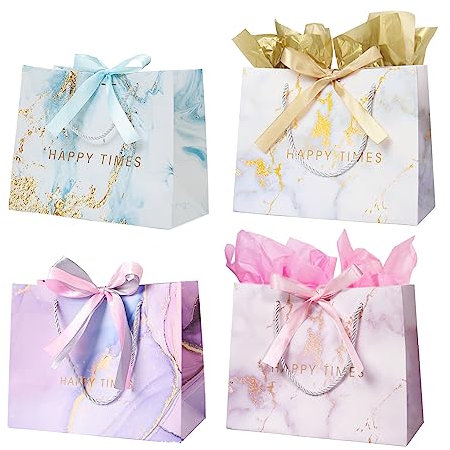 4 Stück Geschenktüten mit Schleifenbändern, 25× 20× 12cm Geschenktaschen mit Henkel Papiertüten für Geburtstag, Hochzeit, Festivalfeier, Weihnachten