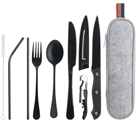Reisebesteck Camping Besteck To Go, 9-Teilig Edelstahl Besteck mit Bestecktasche, Tragbare Campingbesteck, Camping Cutlery Set, (Schwarz)