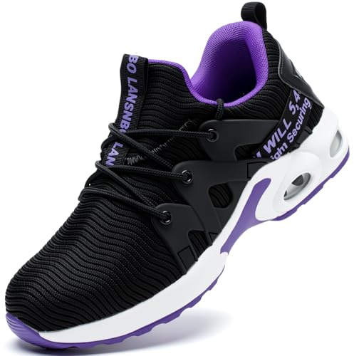 LANSNBO Steel Toe Shoes for Women Indestructible Safety Work Shoes Air Cushion Lightweight Breathable Utility Sneakers Puncture Proof Slip Resistant Composite Toe Footwear（HEI Zi 37.5 Black,Purple