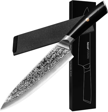 hecef Couteau Cuisine, Couteau Japonais Professionnel, Manche Ergonomique en G10 et Rivet à Fleur de Cuivre, 67 Couch Couteau acier Damas avec Protège-lame, Cadeau pour Chef et Passionné de Cuisine