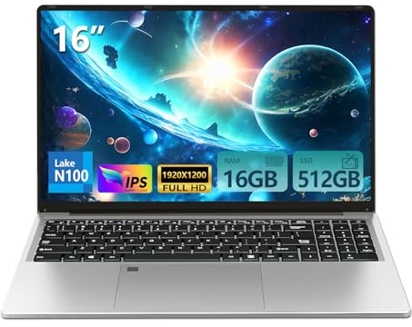 16 Pulgadas Ordenador Portátil 16GB RAM 512GB SSD Celeron N100 (hasta 3,4 GHz) Procesador FHD Teclado Retroiluminado Desbloqueo por Huella Dactilar WiFi/BT Win 11 Pro PC Portátil Estudiantes y Oficina