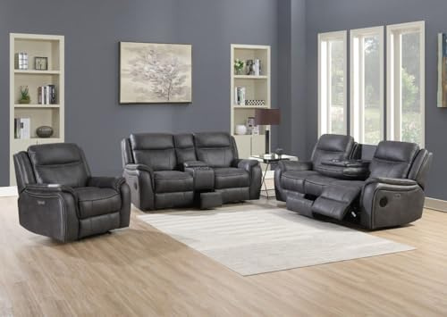 Phoenix Media Charcoal Power Recliner Sofa Set, 3+1+1 Configuration, Built-in Bluetooth Speakers, USB Charging, Storage Drawer, 217cm 3-Seater