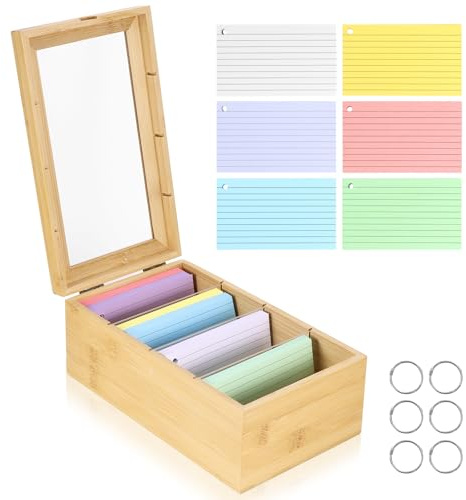 Scatola per schede A7, in legno con coperchio trasparente, 25 cm x 15 cm x 10 cm, con 4 scomparti e 300 schede per ufficio, scuole e casa