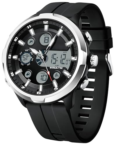 findtime Digitale Analoge Armbanduhr Herren Groß Zifferblat Sportlich Militär Herrenuhr Wasserdicht Led Beleuchtung Chronograph Stoppuhr Wecker Kalender Multifunktionale Uhren Robust Schwarz Silber