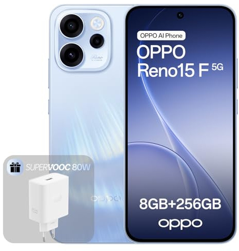 OPPO Reno15 F 5G Unlocked Smartphone, 8+256GB, 50MP FOV 100° Ultra-Wide Selfie Camera, 6.57 120Hz Display, AI Portrait Glow, 6500mAh Battery, IP69, Aurora Blue (Include 80W SUPERVOOC Charger)