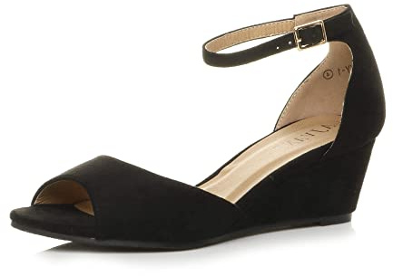 Womens Ladies Low mid Wedge Heel Ankle Strap Casual Evening Sandals, Black Suede, 4 UK