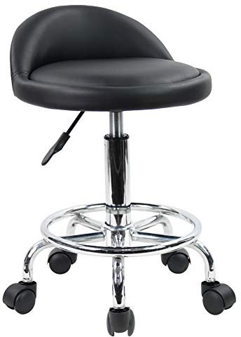 KKTONER Rollhocker Drehhocker mit niedriger Rückenlehne und Fußstütze höhenverstellbarer 48-64cm aus PU Leder Schwarz