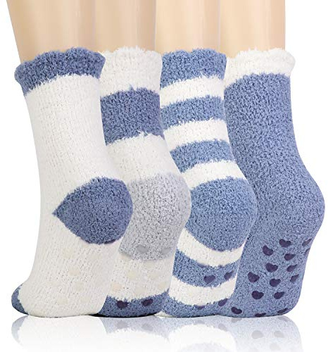 QKURT 4 paia Calze da Pantofole Donna Antiscivolo Termiche, Calzini Donna Divertenti caldi invernali, calzini da pavimento in pile di corallo, morbidi calzini da letto sfocati
