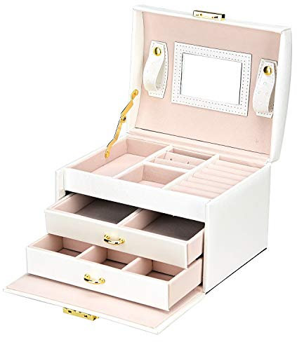 Podazz Scatola di Gioielli Cofanetto Portagioie Beauty Case di immagazzinaggio a Tre Strati Organizer Gioielli con Specchio e Serratura per Anelli Collane Orecchini,Bianco（18.5 * 15 * 14cm）
