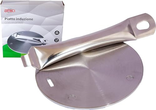 Adattatore per Piano Cottura ad Induzione con Manico Removibile - Diffusore Piastra in Accaio Inox - Disco per Ogni Tipo di Pentola o Padella (14 cm)
