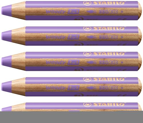 STABILO - Färgpenna, vattenfärg och vaxkrita – trä 3 i 1 – 5-pack – pastelllila