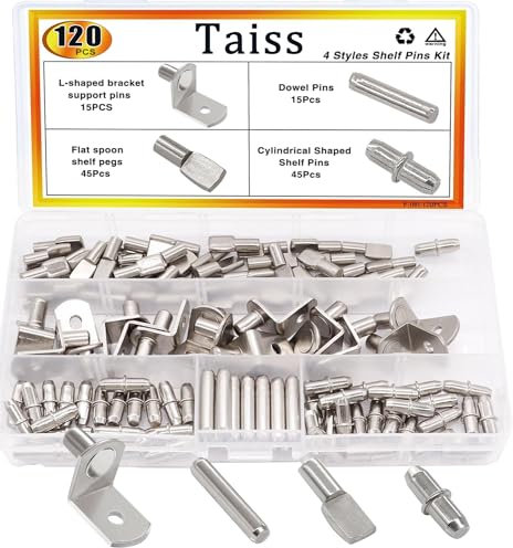 Taiss 120PCS Shelf Pins Kit,4 Styles Shelf pegs,L-Shaped Bracket/Flat Spoon Shelf pegs/Cylindrical Shaped Shelf Pins/Dowel Pin Nickel Plated Shelf Support Pegs,Kitchen Furniture Cabinet Shelf pegs
