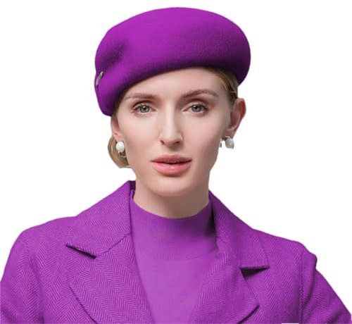 Bciopll Französische Vintage Baskenmütze Pillbox Hüte für Frauen Wollfilz Fedoras Damen Frühling Winter Fascinator Kirche Kappe Lila Rot 56 bis 58 cm, violett, rot, Einheitsgröße