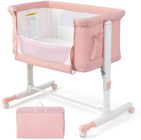 COSTWAY 3-in-1 Baby Bedside Crib, Easy Folding Cot Bed with Mattress, Breathable Mesh Window, Lockable Wheels and Travel Bag, Height Adjustable Newborn Sleeper for Birth to 9kg (Pink)