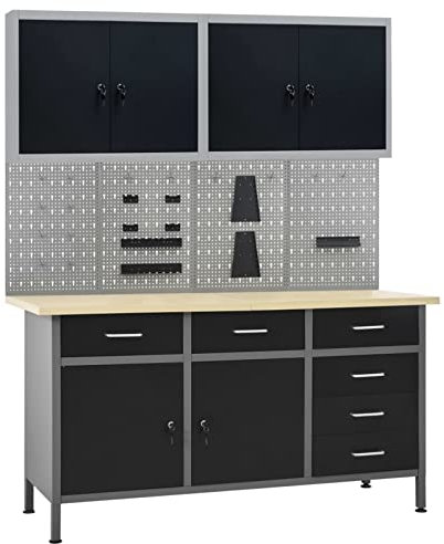 LAPOOH Arbetsbänk med 4 verktygsväggar och 2 väggskåp, arbetsbord, svetsbord, maskinställ, spännbord