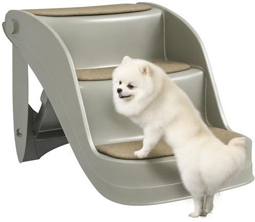 PawHut Foldable Dog Steps, Portable Dog Stairs 3-Step for High Beds, Sofas, Pet Stairs with Non-slip Mats for Small and Miniature Breeds, 49 x 38 x 38 cm, Grey