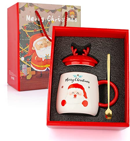 JNUYISW Tazze di Natale, Tazze da caffè natalizie con Babbo Natale Tazza da caffè con Motivo Natalizio Tazza da caffè in Confezione Regalo Latte Tazze con Coperchio e Cucchiaio Regalo di Natale, 420ml