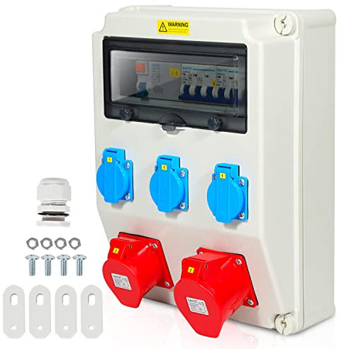 Peviasot Répartiteur de courant de construction avec disjoncteur FI, 5 pôles avec 3 prises Schuko et prise CEE 16/32 A pour l'intérieur et l'extérieur