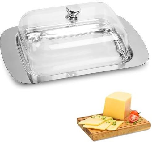 Mantequera,Fridge Butter Dish,Mantequillera de Acero Inoxidable con Tapa y Asa,Contenedor de Queso Capacidad para 250g de Mantequilla para Almacenar Queso Platos Fríos Pasteles Postres Y Frutas