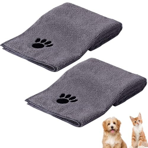 HTRTRR Lot de 2 Serviettes Microfibre pour Chien et Chat – 35 x 75 cm, Ultra Absorbantes, Séchage Rapide, Lavables, Douces et Durables avec Motif Patte（Gris + Gris）