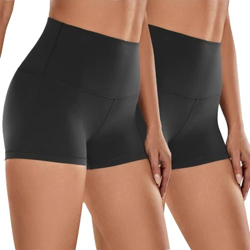 InfiniZer Lot de 2 mini shorts taille haute pour femme, anti-frottement, extensibles, pour yoga, gym, cyclisme, sport, course à pied, entraînement, 2noir, XS