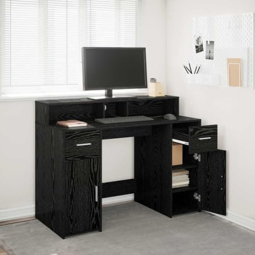 Owoxanthellate LED Desk Black Oak 120 x 55 x 91 cm, Modern Gaming Computer Desk with Drawer Shelf USB Strip Lights, Engineered Wood Home Office Study Table for Living Room Bedroom and Study