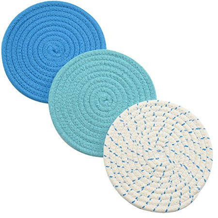 Kitchen Pot Holders Set Trivets Set 100% Pure Cotton Thread Weave Hot Pot Holders Set (Set of 3) Stylish Coasters, Hot Pads, Hot Mats, Spoon Rest for Cooking and Baking by Diameter 7 Inches (Blue)