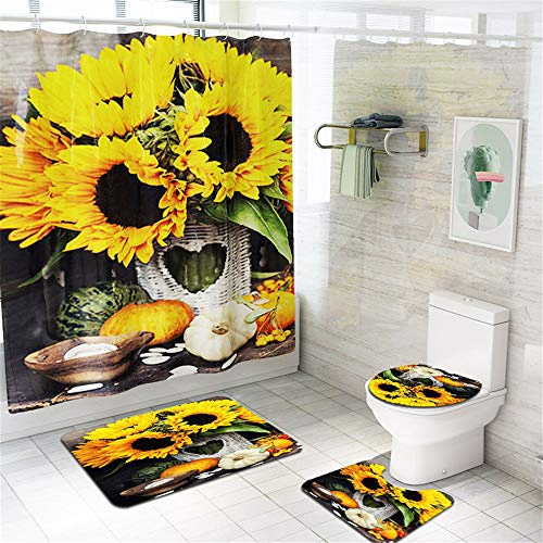 Enhome Juego de 4 Piezas de Alfombra de baño Antideslizante + Tapa de Inodoro + Alfombrilla de baño + Cortina de Ducha, Estampado Floral (Girasol A)