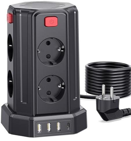 Steckdosenleiste mit 4 USB, Sameriver 8 Fach Mehrfachsteckdose Überspannungsschutz, Steckdosenleiste Steckdose mit Schalter, 3M Verlängerungskabel,Steckdosenturm Mehrfachstecker für Zuhause,Büro