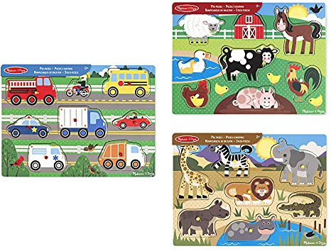 Melissa & Doug Farm Peg Juego Puzzle, Multicolor + Safari Peg Juego Puzzle con 7 Piezas + Vehículos, Rompecabezas de encastre de Madera