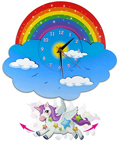 Unicorn Rainbow Pendulum Wall Clock - Three-dimensional View Kids Analog Swinging Clock, 3D MDF Wooden, for Children's Bedroom, Disney, Girls Room