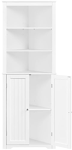 Abician Meuble Colonne de Salle de Bain Rangement Triangulaire, Armoire Haute Blachche avec 3 Étagères Ouvertes Réglables et 1 Placard pour Toilette/Salon/Chambre/Cuisine 60 x 31,5 x 163 cm