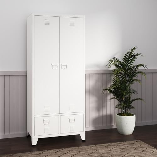 [en.casa] Armadio a 2 Ante e Cassetti per Guardaroba con Spazio Appendiabiti Scomparti Ripiani Rimovibili Armadio in Acciaio da Ingresso Camera da Letto 180 x 90 x 40 cm - Bianco