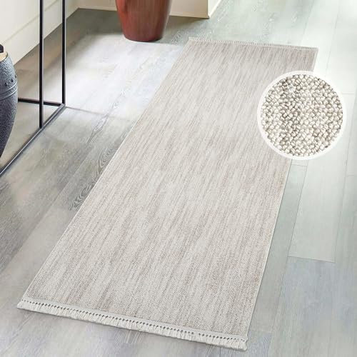 carpet city Kurzflor Teppich Flur Taupe - 80x300 cm Läufer - Einfarbig, Meliert - Fransen-Teppiche Modern, Boho für Schlafzimmer, Wohnzimmer