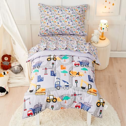 lasoftan Construction Toddler Bedding Set for Boys, 4 Piece Bed-in-a-Bag Toddler Comforter Sets, Excavator, Cars Printed, Super Soft and Comfortable Microfiber Todeeler Bed Set