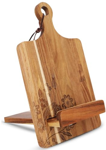 ULLAHOLM Wood Cookbook Stand for Kitchen Counter, Mother's Day Gift for Mom, Reversible Acacia Recipe Book Holder, Cooking Measurement Conversion Card, Adjustable Tablet Holder, Charging Cable Slot