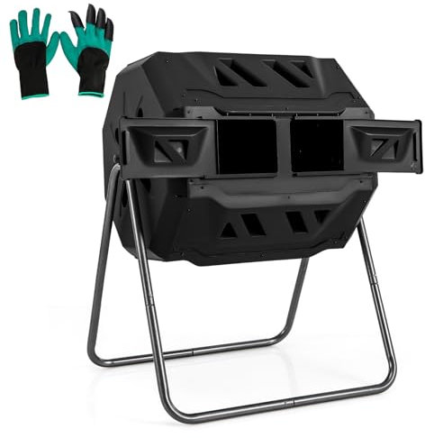 COSTWAY Compostiera da Giardino 160 L, Bidone per Compostaggio a Doppia Vasca con 2 Porte Scorrevoli e Telaio Metallico Robusto, Compostiera Rotante da Esterno a 360°Senza BPA (Nero)